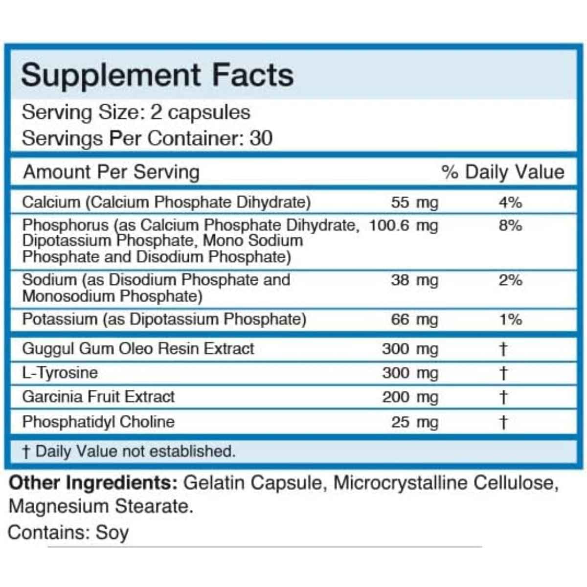 Tabla nutricional del suplemento Absolute Nutrition Tiroides T-3 60 cápsulas