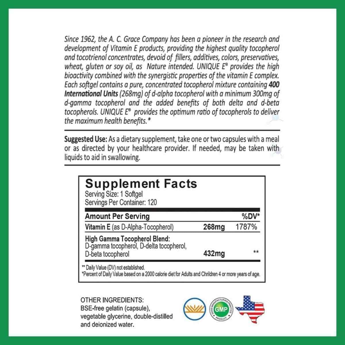 Tabla nutricional del suplemento A.C. Grace Company Vitamina E 180 cápsulas blandas