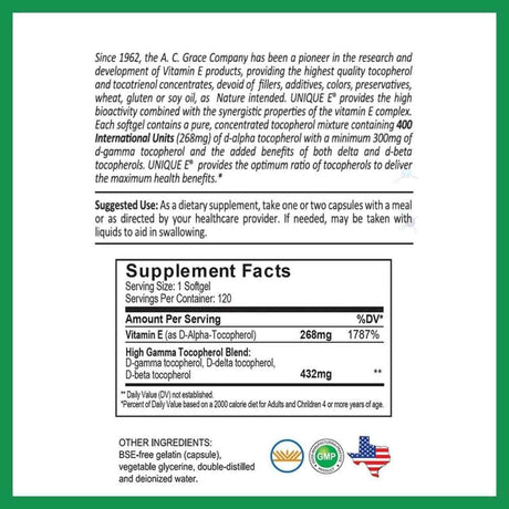Tabla nutricional del suplemento A.C. Grace Company Vitamina E 180 cápsulas blandas