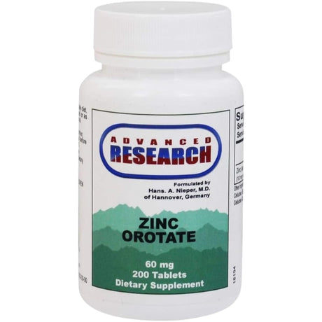 Frasco frontal de Advanced Research orotato de zinc con 10 mg de zinc elemental por tableta y 200 tabletas