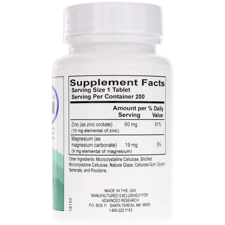 Información del suplemento de Advanced Research orotato de zinc con zinc elemental, magnesio y otros ingredientes