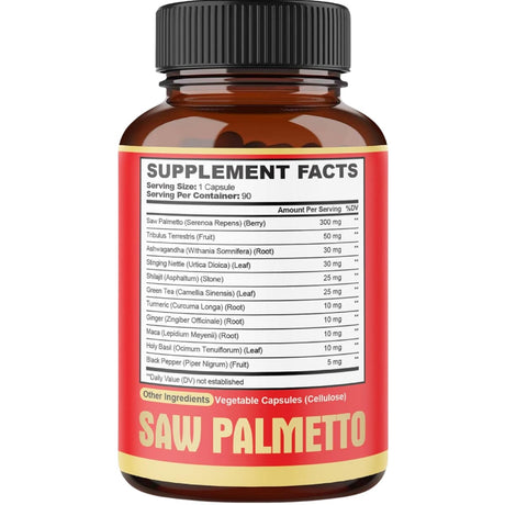 Etiqueta de agobi fórmula herbal de Saw Palmetto con información de ingredientes