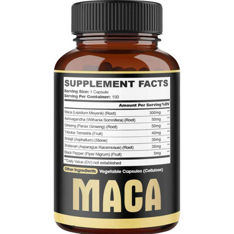 Tabla nutricional del suplemento Agobi Maca 300 mg 150 cápsulas