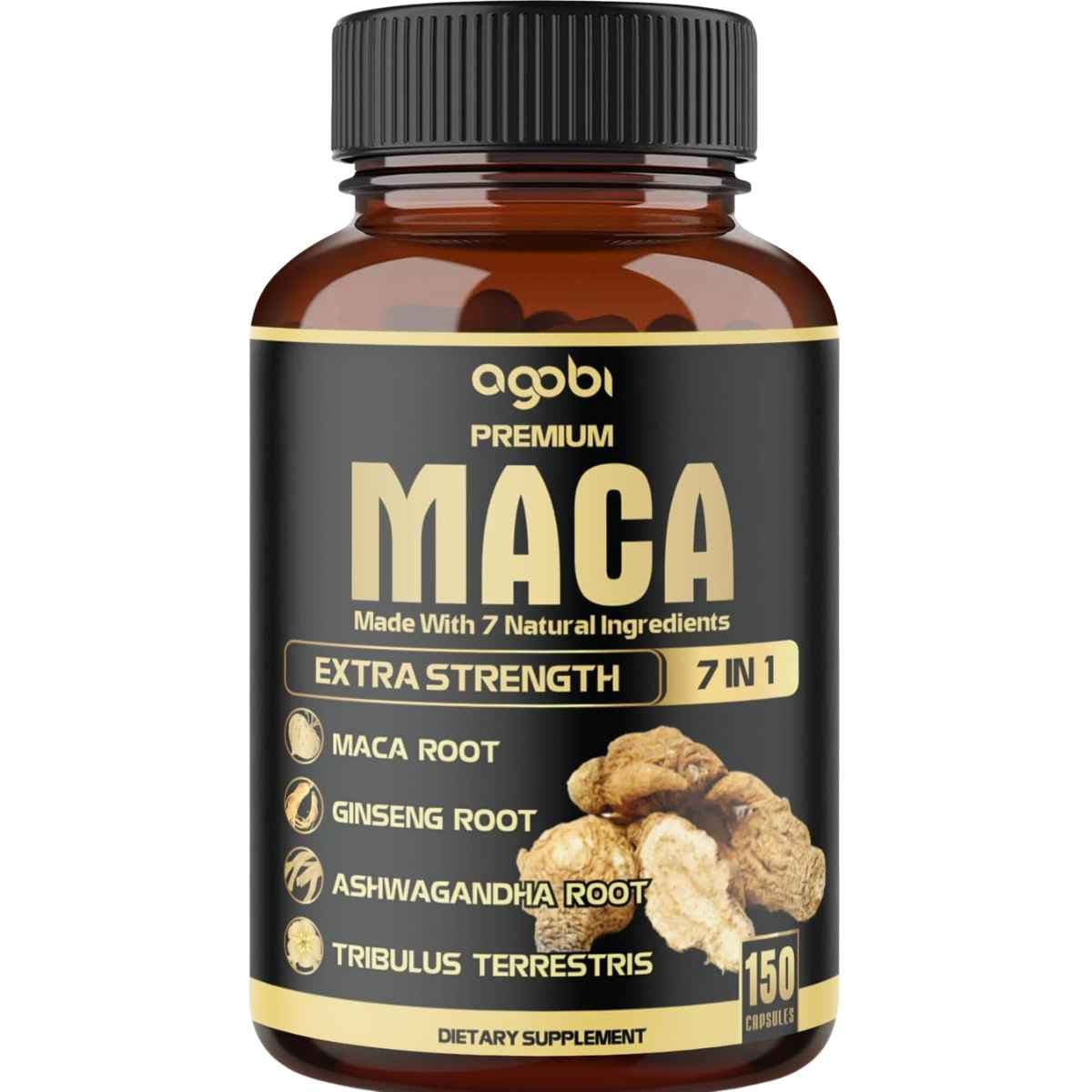 Frasco de suplemento Agobi Maca 300 mg 150 cápsulas