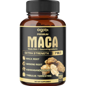 Frasco de suplemento Agobi Maca 300 mg 150 cápsulas