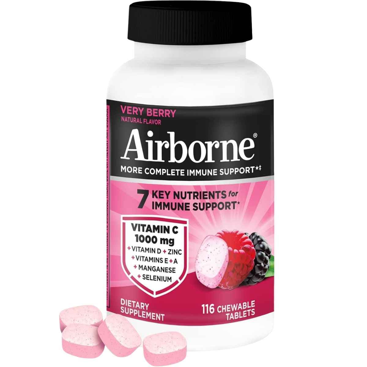 Airborne vitamina C sabor Very Berry, presentación de 116 tabletas masticables.