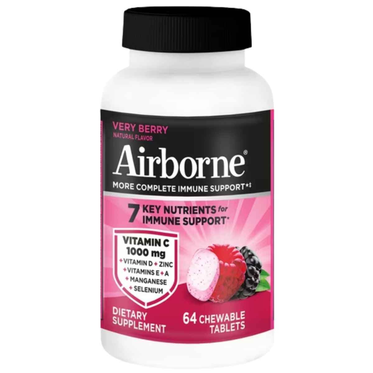 Airborne vitamina C sabor Very Berry, presentación de 64 tabletas masticables.