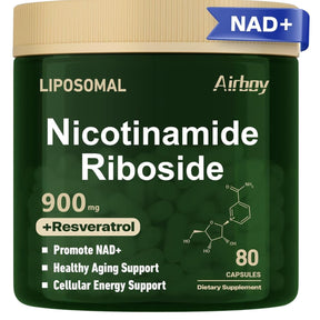 Frasco de suplemento Airboy Nicotinamida Ribósido Liposomal con Resveratrol 80 Cápsulas
