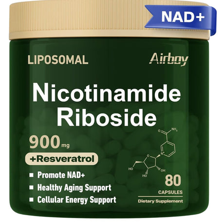 Frasco de suplemento Airboy Nicotinamida Ribósido Liposomal con Resveratrol 80 Cápsulas