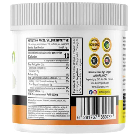 Información nutricional de AKI Organic DHA omega 3 vegano de microalgas en polvo, presentación de 130 g.