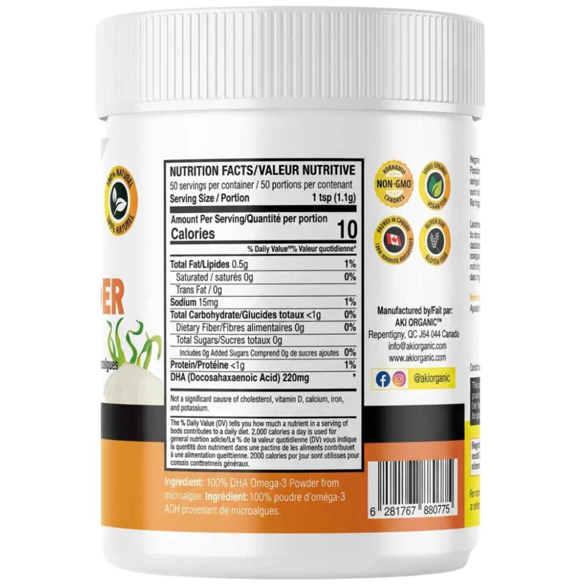 Información nutricional de AKI Organic DHA omega 3 vegano de microalgas en polvo, presentación de 55 g.