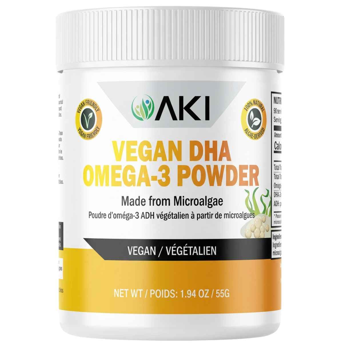 Frasco frontal de AKI Organic DHA omega 3 vegano de microalgas en polvo, presentación de 55 g.