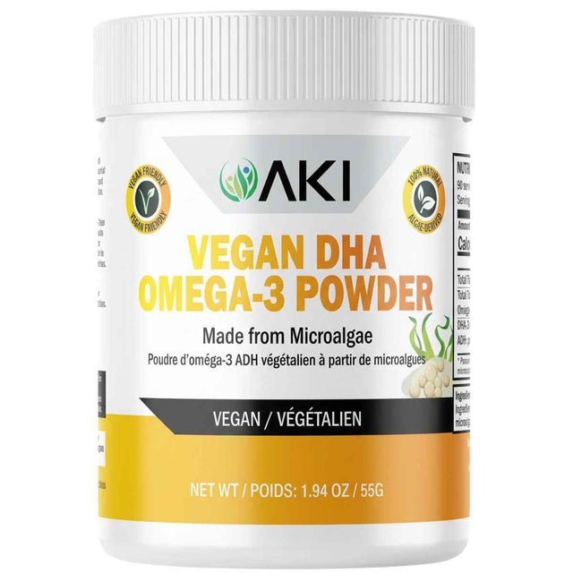 Frasco frontal de AKI Organic DHA omega 3 vegano de microalgas en polvo, presentación de 55 g.