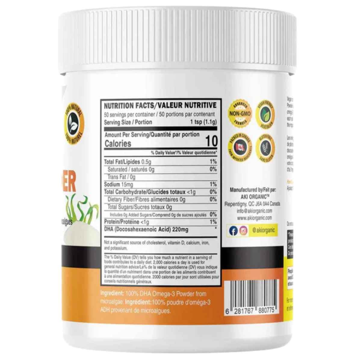 Tabla nutricional del suplemento AKI ORGANIC DHA Omega-3 en Polvo 55 g