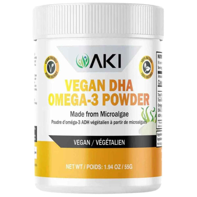 Frasco de suplemento AKI ORGANIC DHA Omega-3 en Polvo 55 g
