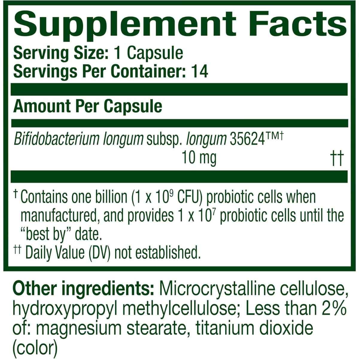 Tabla nutricional del suplemento Align - Bifidobacterium longum 35624 10 mg 14 cápsulas
