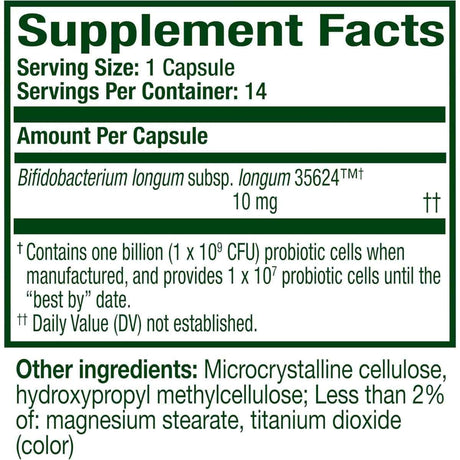 Tabla nutricional del suplemento Align - Bifidobacterium longum 35624 10 mg 14 cápsulas