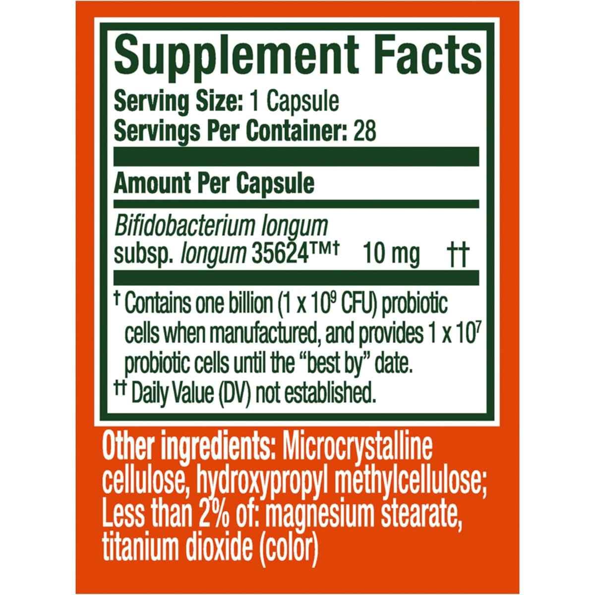Tabla nutricional del suplemento Align - Bifidobacterium longum 35624 10 mg 28 cápsulas