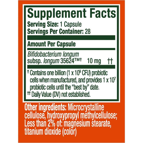 Tabla nutricional del suplemento Align - Bifidobacterium longum 35624 10 mg 28 cápsulas