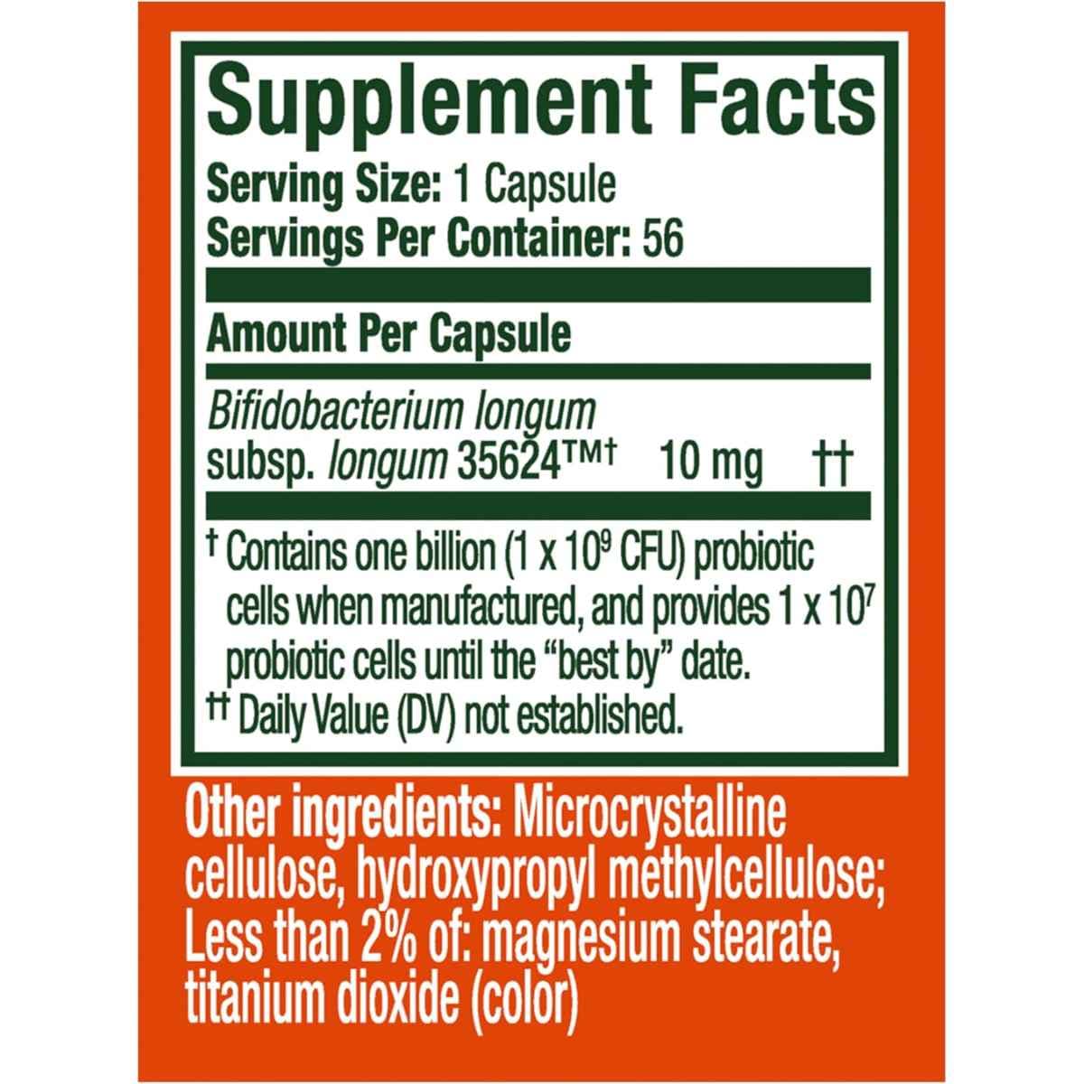 Tabla nutricional del suplemento Align - Bifidobacterium longum 35624 10 mg 56 cápsulas