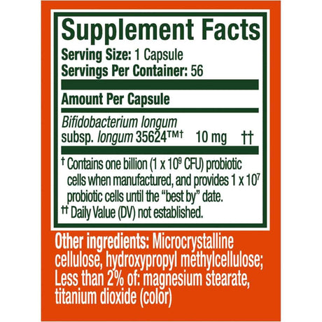 Tabla nutricional del suplemento Align - Bifidobacterium longum 35624 10 mg 56 cápsulas