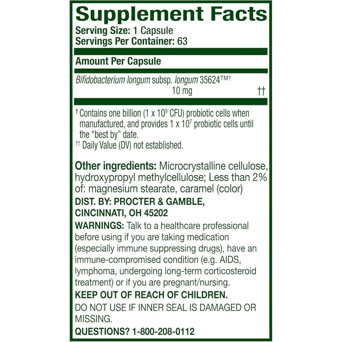 Tabla nutricional del suplemento Align - Bifidobacterium longum 35624 10 mg 63 cápsulas