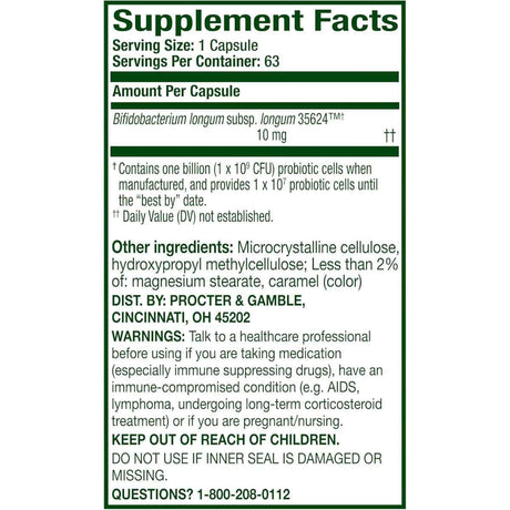 Tabla nutricional del suplemento Align - Bifidobacterium longum 35624 10 mg 63 cápsulas