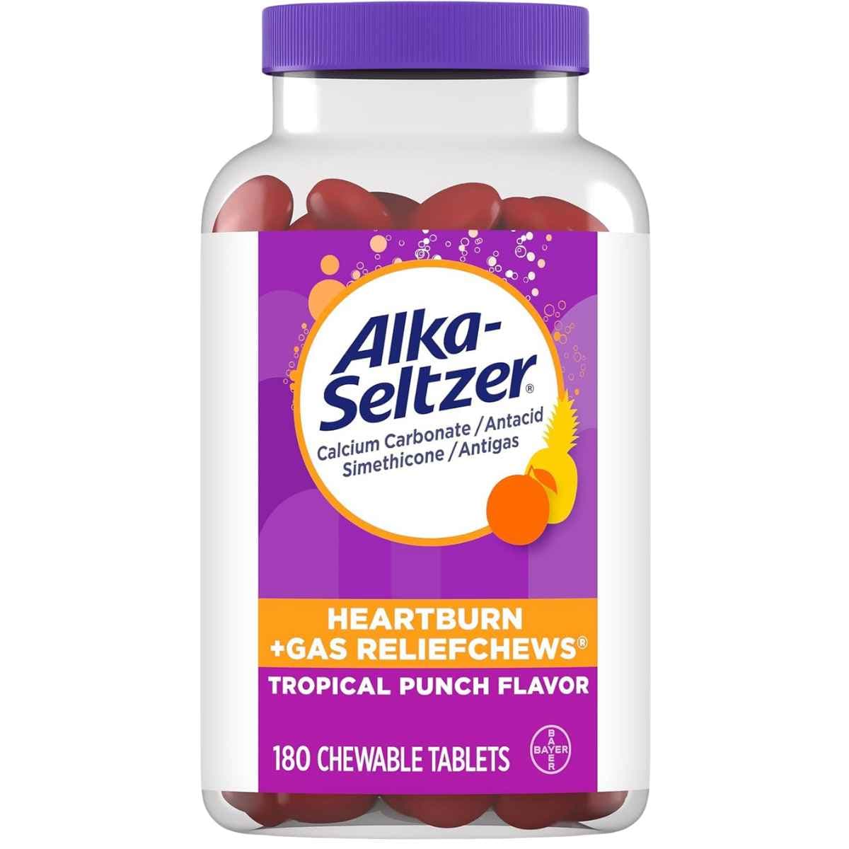 Frasco de suplemento Alka-Seltzer Chews Sabor Tropical Punch 180 tabletas masticables