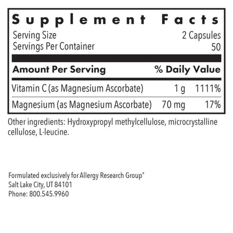 Panel de información del suplemento Allergy Research ascorbato de magnesio