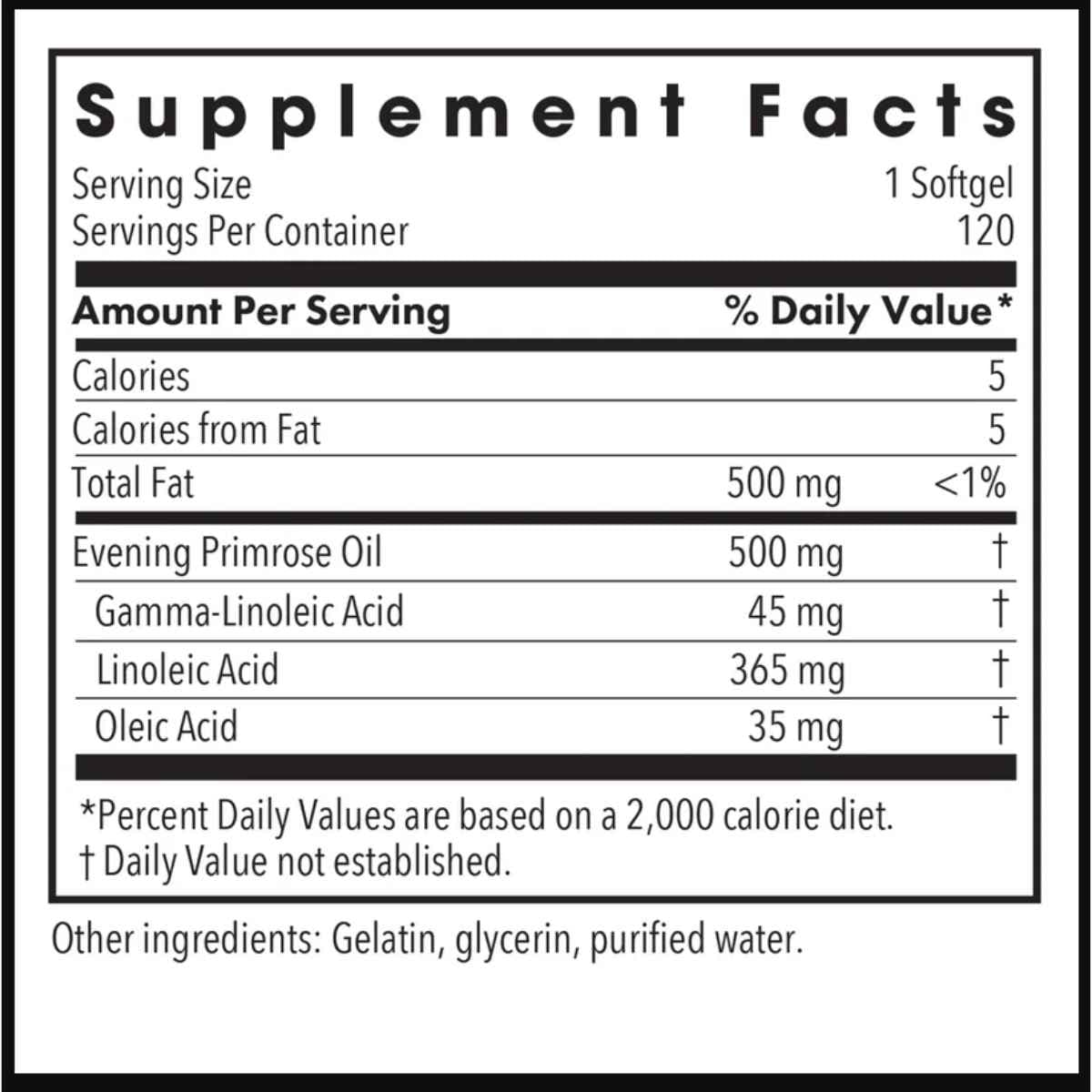 Información del suplemento de Allergy Research Group aceite de onagra con GLA por cápsula blanda.