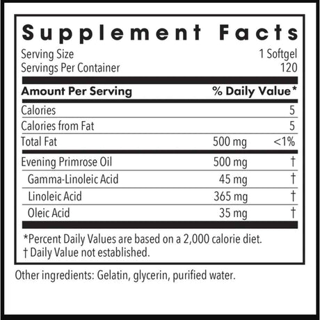 Información del suplemento de Allergy Research Group aceite de onagra con GLA por cápsula blanda.