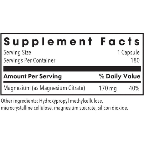 Etiqueta del suplemento Allergy Research Group Magnesium Citrate, 180 cápsulas