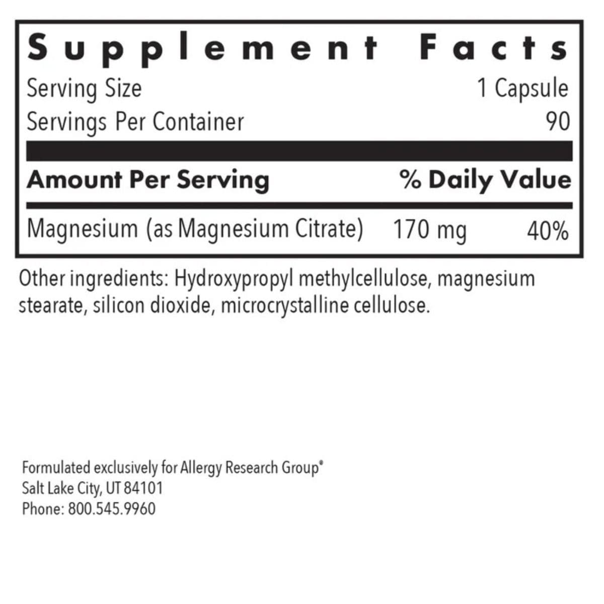 Etiqueta del suplemento Allergy Research Group Magnesium Citrate, 90 cápsulas