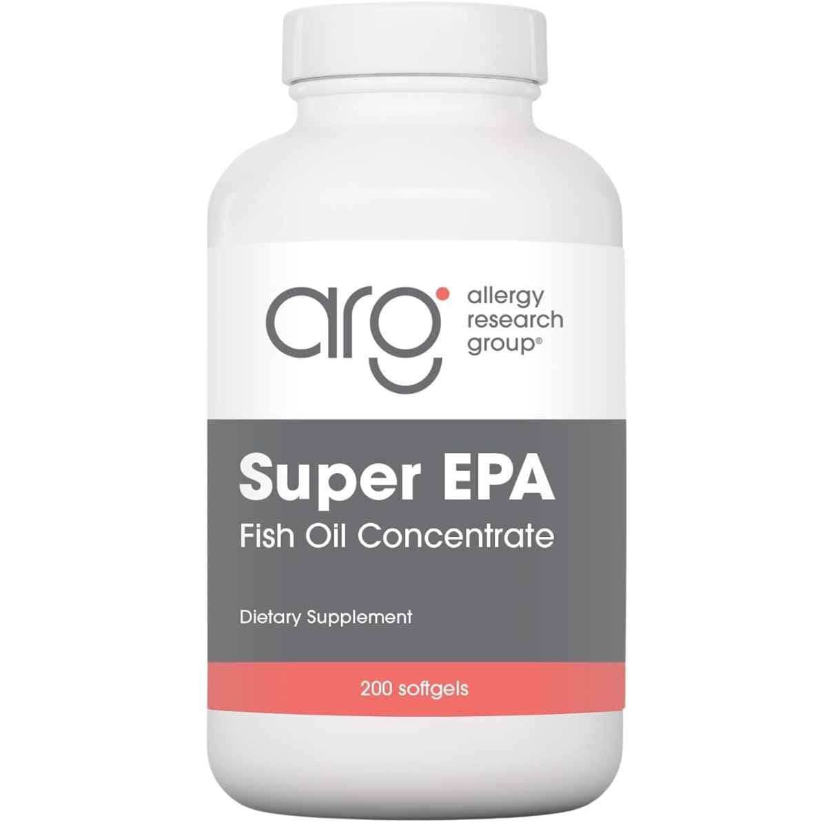 Frasco frontal de Allergy Research Group Super EPA con 200 cápsulas blandas.