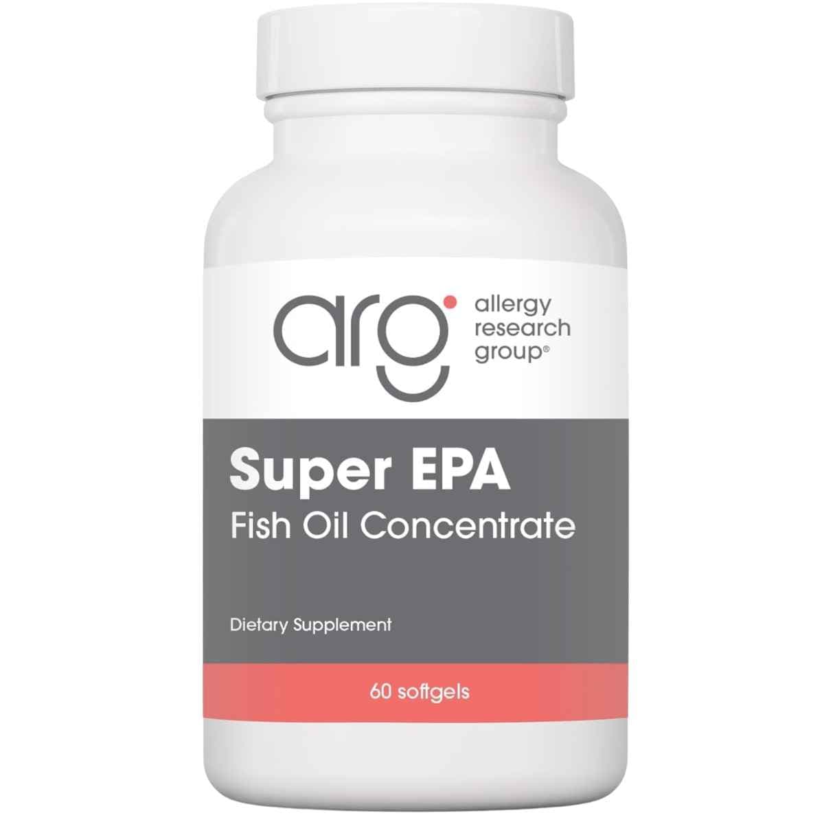 Frasco frontal de Allergy Research Group Super EPA con 60 cápsulas blandas.