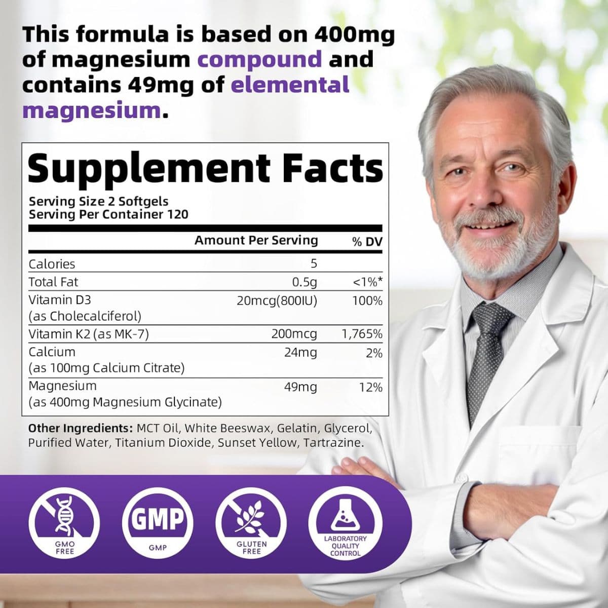 Panel de información del suplemento de Alliwise Glicinato de magnesio con D3 y K2, con datos de porción e ingredientes.