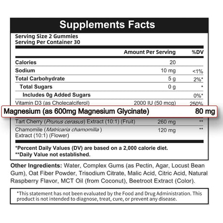 Panel de información del suplemento de Alliwise Glicinato de magnesio en gomitas, con 80 mg de magnesio, vitamina D3, cereza ácida y manzanilla por porción.
