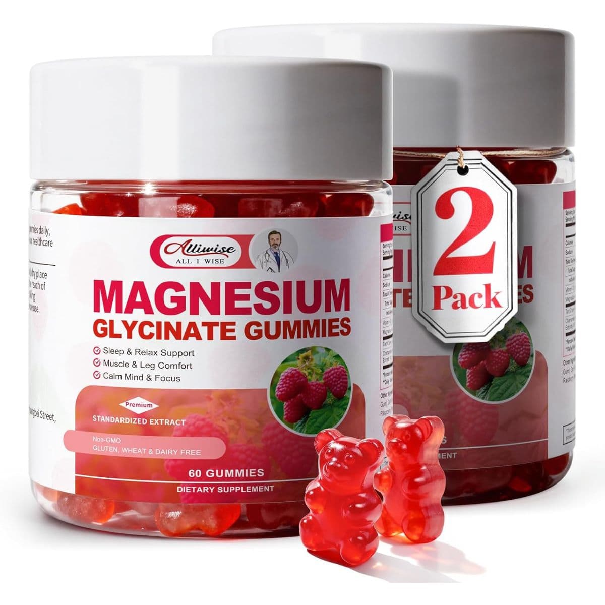 Frascos de Alliwise Magnesio glicinato en gomitas sabor frambuesa, presentación 2 pack con 120 gomitas
