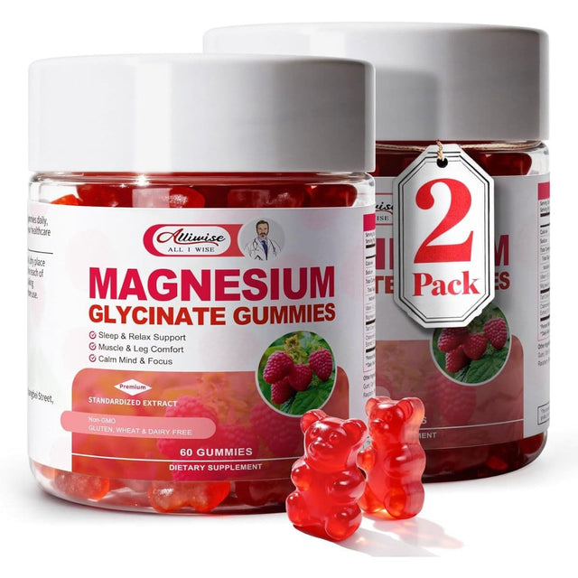 Frascos de Alliwise Magnesio glicinato en gomitas sabor frambuesa, presentación 2 pack con 120 gomitas