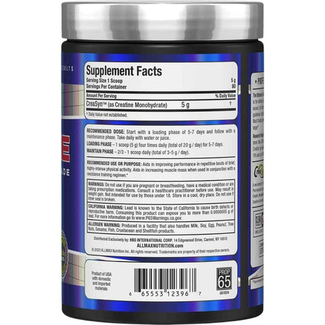 Tabla nutricional del suplemento Allmax Nutrition Monohidrato de Creatina 400 g