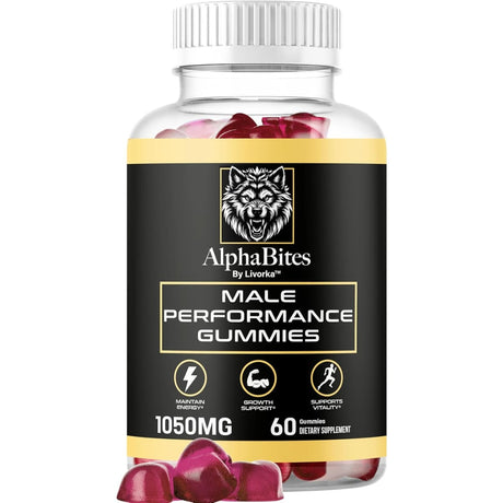 Frasco de suplemento Alpha Bites Gomitas para Rendimiento Masculino 60 Gomitas