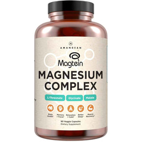 Frasco frontal de Amandean Complejo de magnesio con Magtein, presentación de 90 cápsulas vegetales.