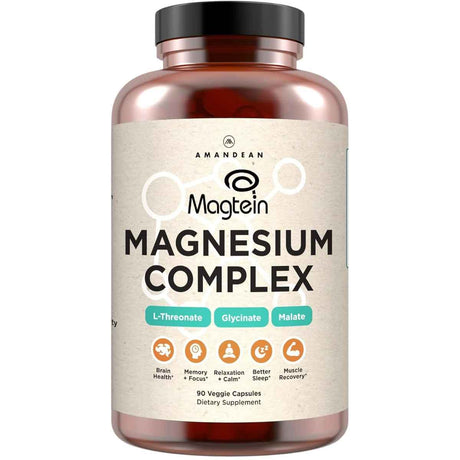Frasco frontal de Amandean Complejo de magnesio con Magtein, presentación de 90 cápsulas vegetales.