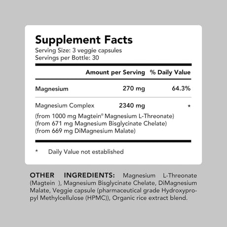 Panel de información del suplemento de Amandean Complejo de magnesio con Magtein, con 270 mg de magnesio por porción de 3 cápsulas.