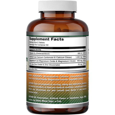 Información del suplemento de Amazing Formulas con calcio, magnesio, zinc y vitamina D3, presentación de 150 tabletas