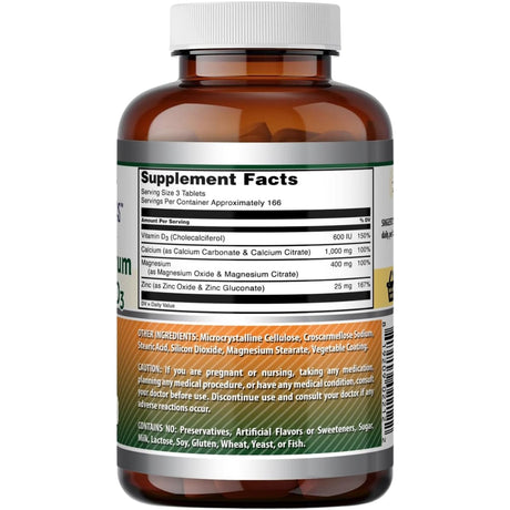 Información del suplemento de Amazing Formulas con calcio, magnesio, zinc y vitamina D3, presentación de 500 tabletas