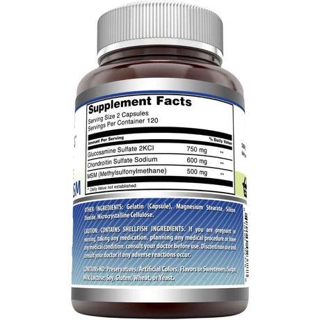 Tabla nutricional del suplemento Amazing Formulas Glucosamina Condroitina y MSM 1850 mg - 240 Cápsulas