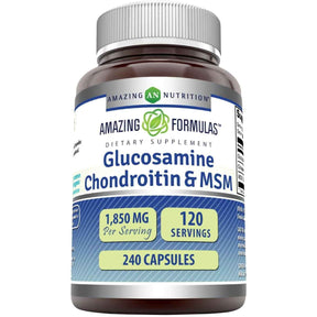 Frasco de suplemento Amazing Formulas Glucosamina Condroitina y MSM 1850 mg - 240 Cápsulas