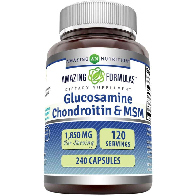 Frasco de suplemento Amazing Formulas Glucosamina Condroitina y MSM 1850 mg - 240 Cápsulas
