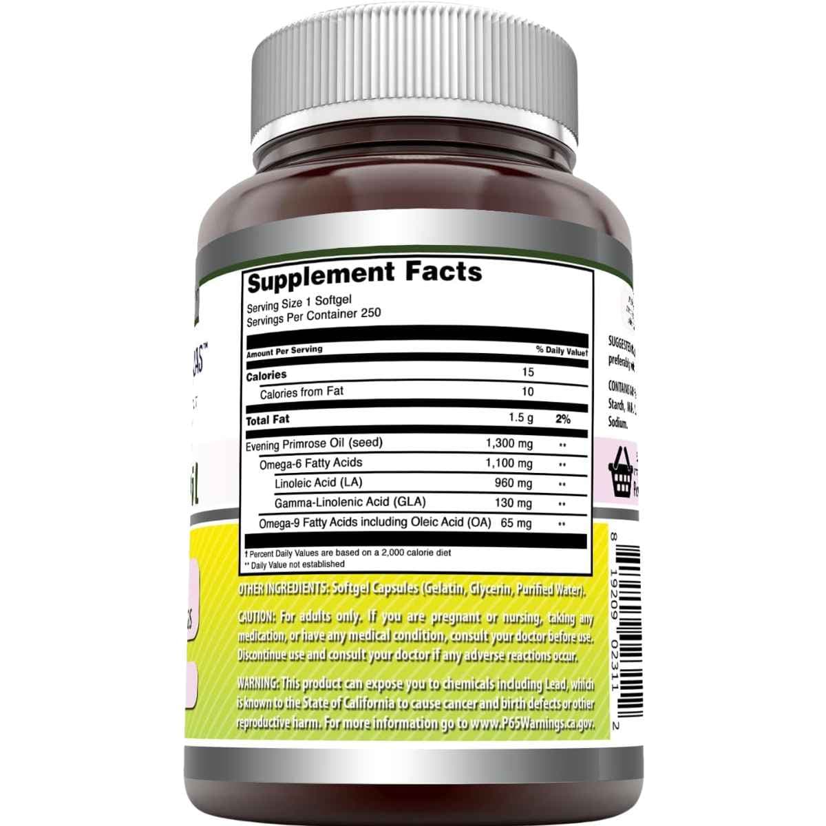 Información del suplemento de Amazing Nutrition aceite de onagra 1300 mg, 250 cápsulas blandas